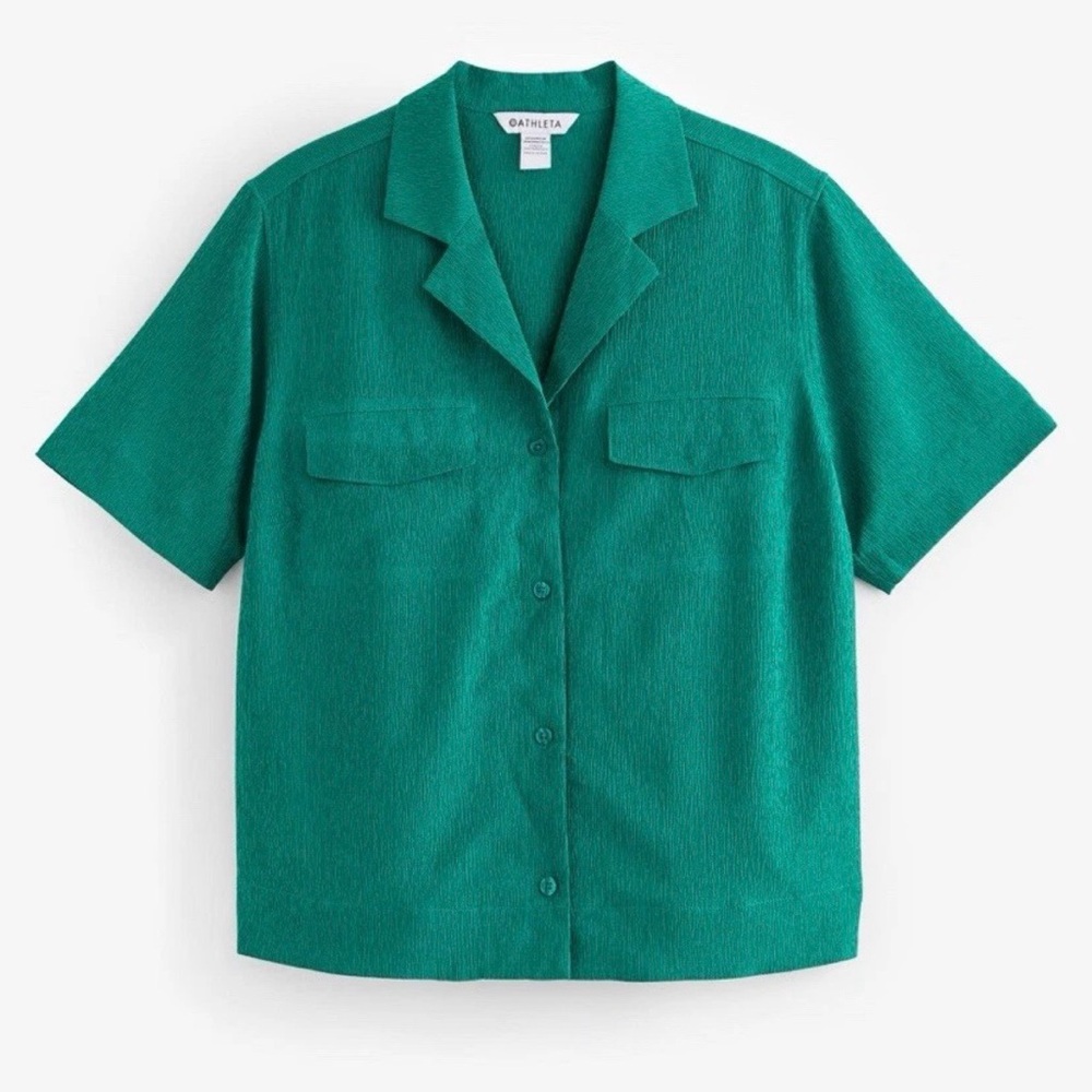 Athleta NWT Echo Top Short Sleeve Button Down Textured Quick Drying Green
